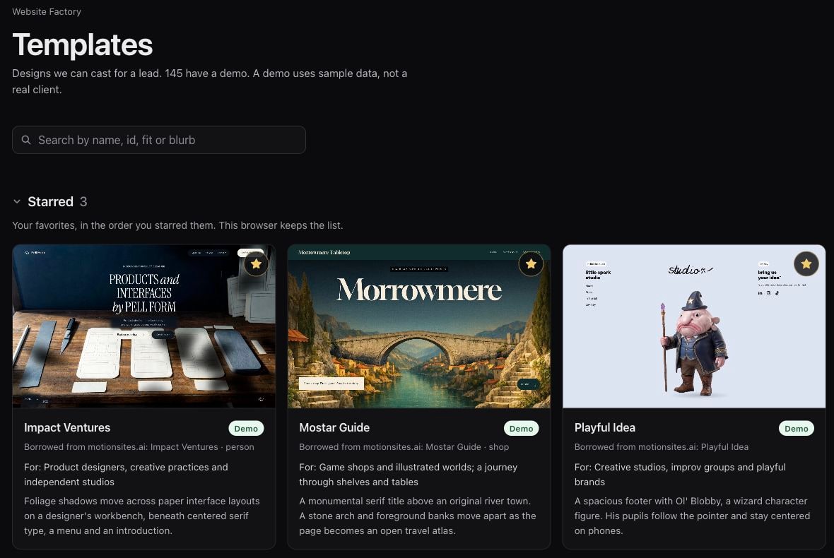 Website Factory’s template gallery, showing fictional demo sites