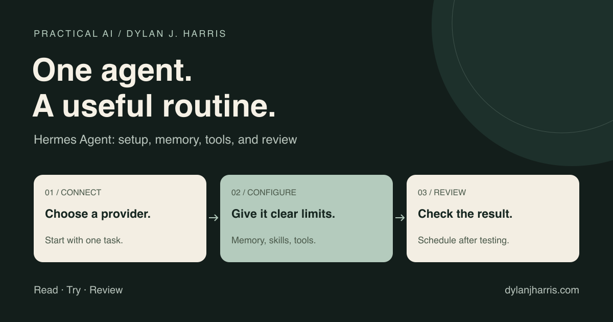 Hermes Agent field guide: connect a model, add tools, and build repeatable workflows.